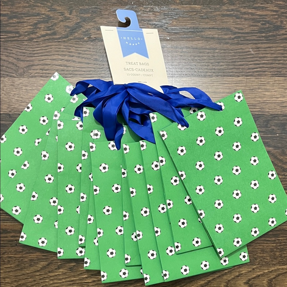 13 Green Soccer Treat Bags with Blue Ribbon Handles